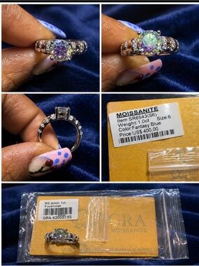Moissanite Fantasy Blue Round Halo Ring - Size 6